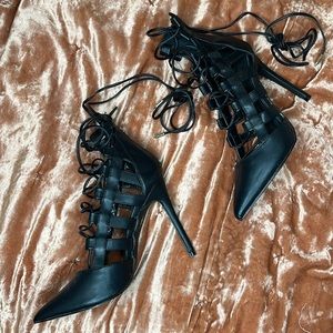 Black faux leather high heel stilettos from Shoedazzle